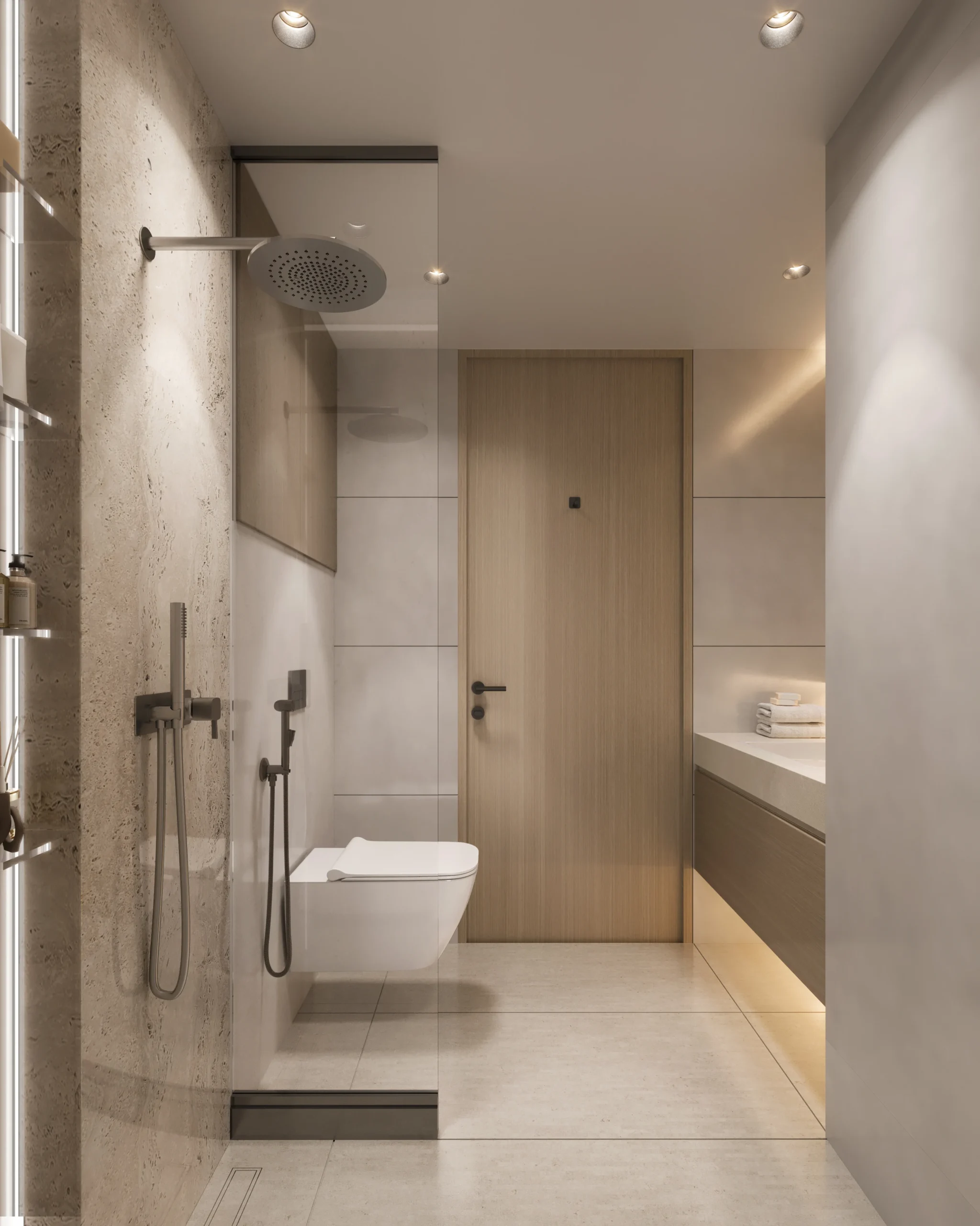 Bathroom with glass-enclosed shower