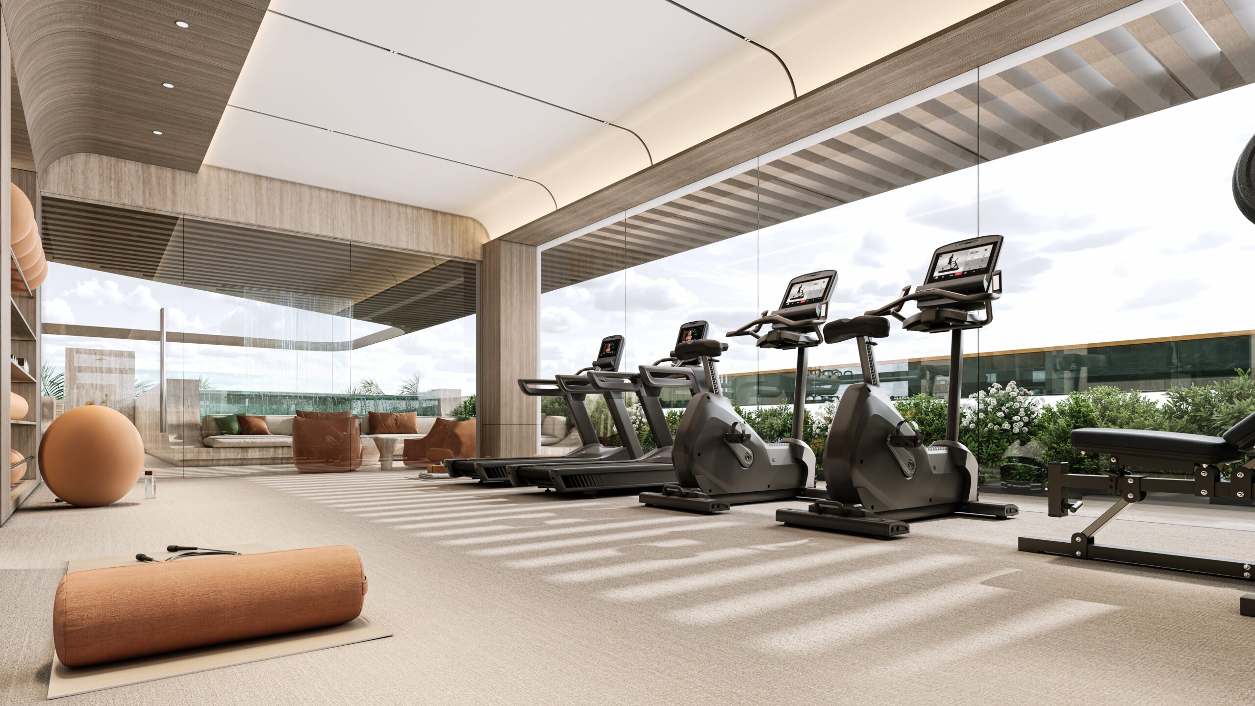 Fitness facility with garden views