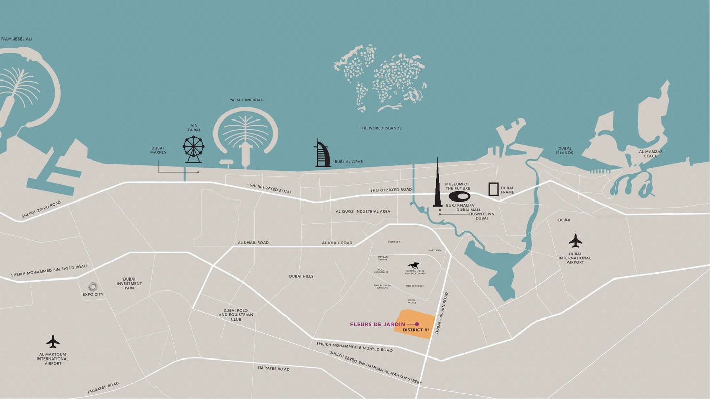 Illustrated map of Dubai with Fleurs de Jardin pinned in District 11, Meydan