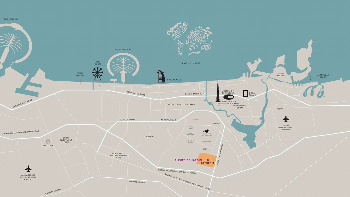 Illustrated map of Dubai with Fleurs de Jardin pinned in District 11, Meydan